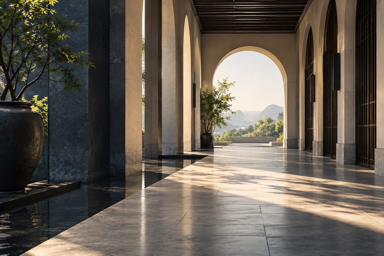 A quiet architectural passage opening toward daylight